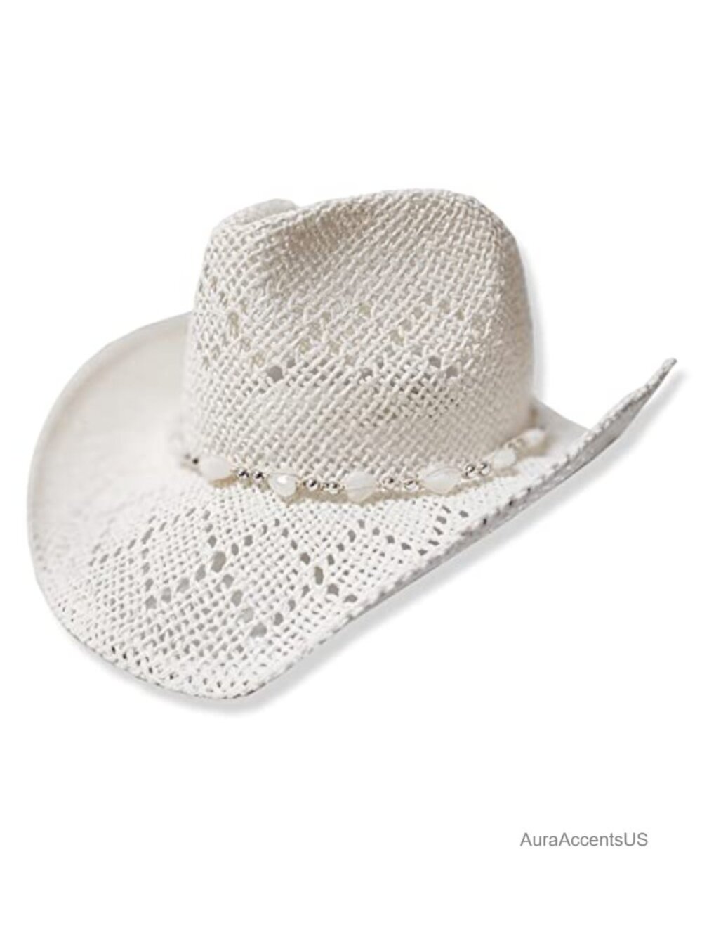 Straw Cowboy Hat Shapeable Brim Beaded Hearts Trim Sun Protection